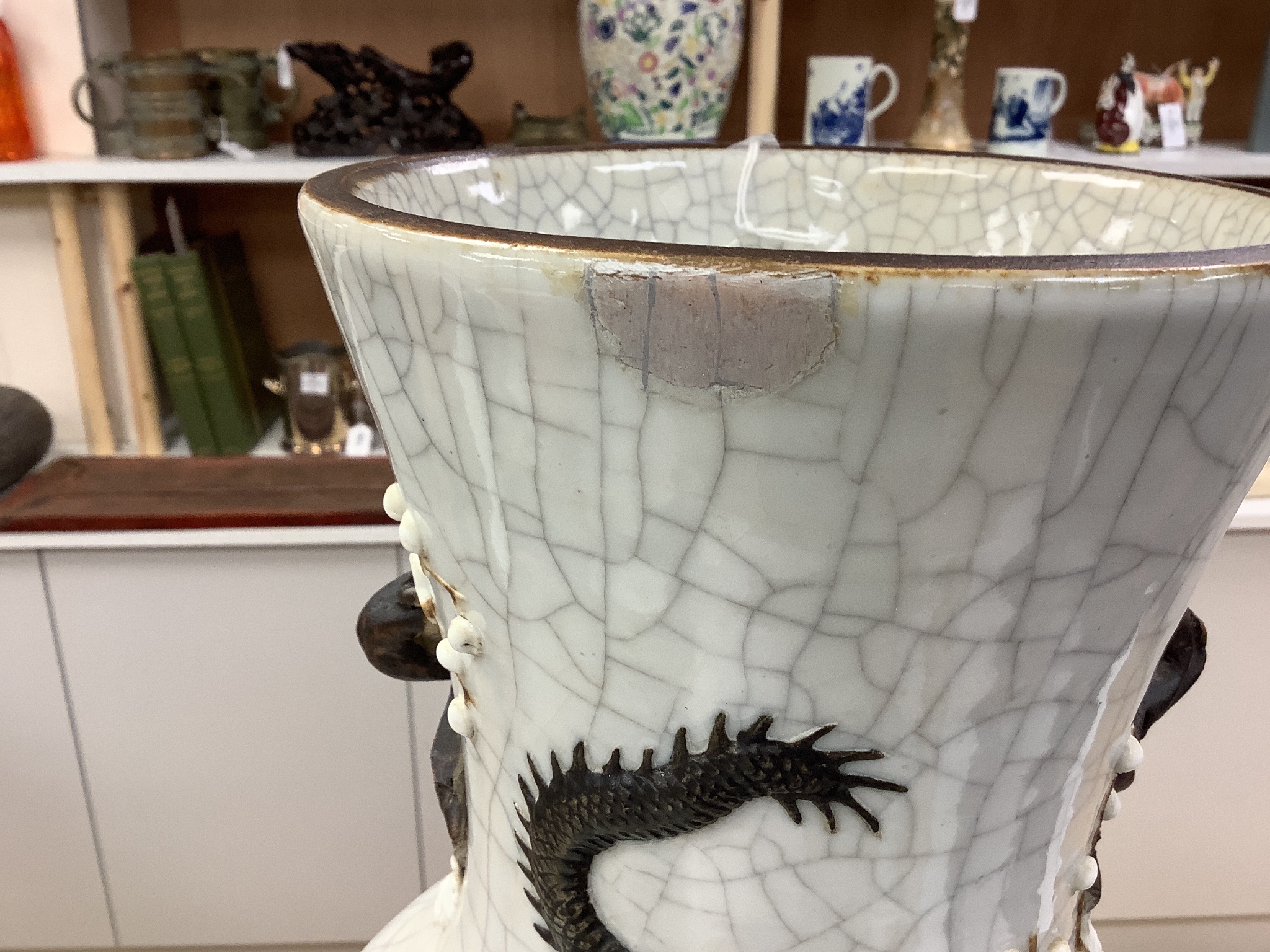 A massive Chinese crackle glaze vase, early 20th century, with dragons, phoenix and blossom, height 61cm